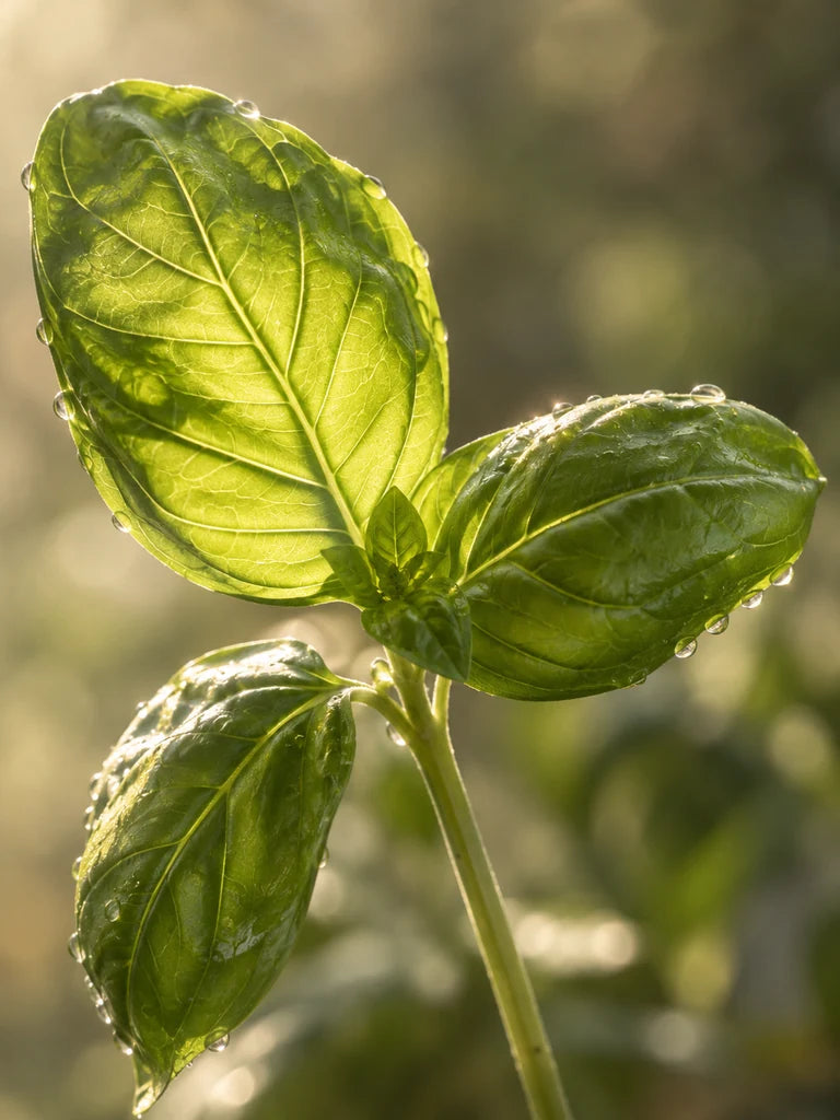 Fresh basil leaves with visible veins catching warm light