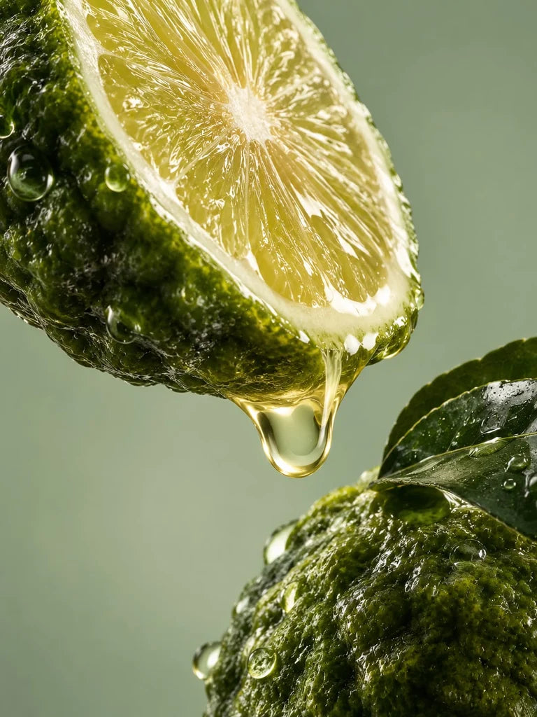 A cut bergamot fruit with textured green peel in warm light