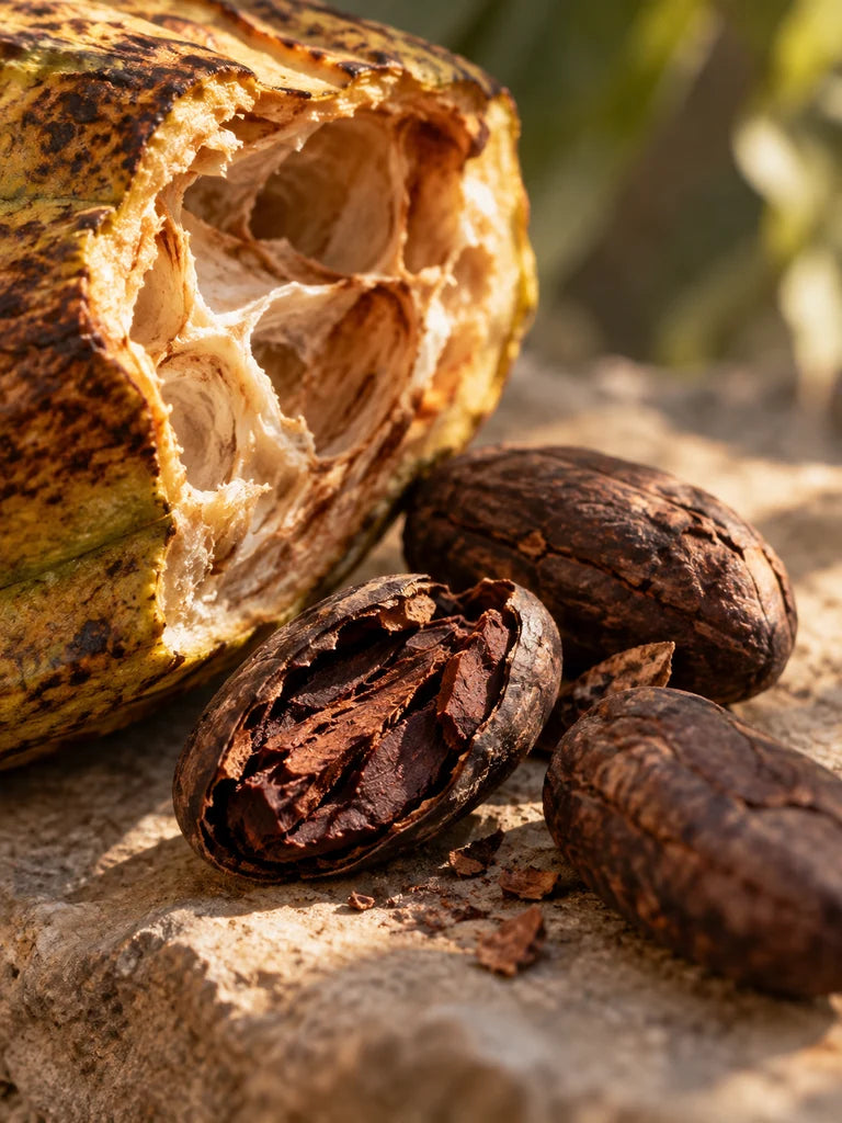 Cacao beans and an opened cacao pod lit by warm directional light