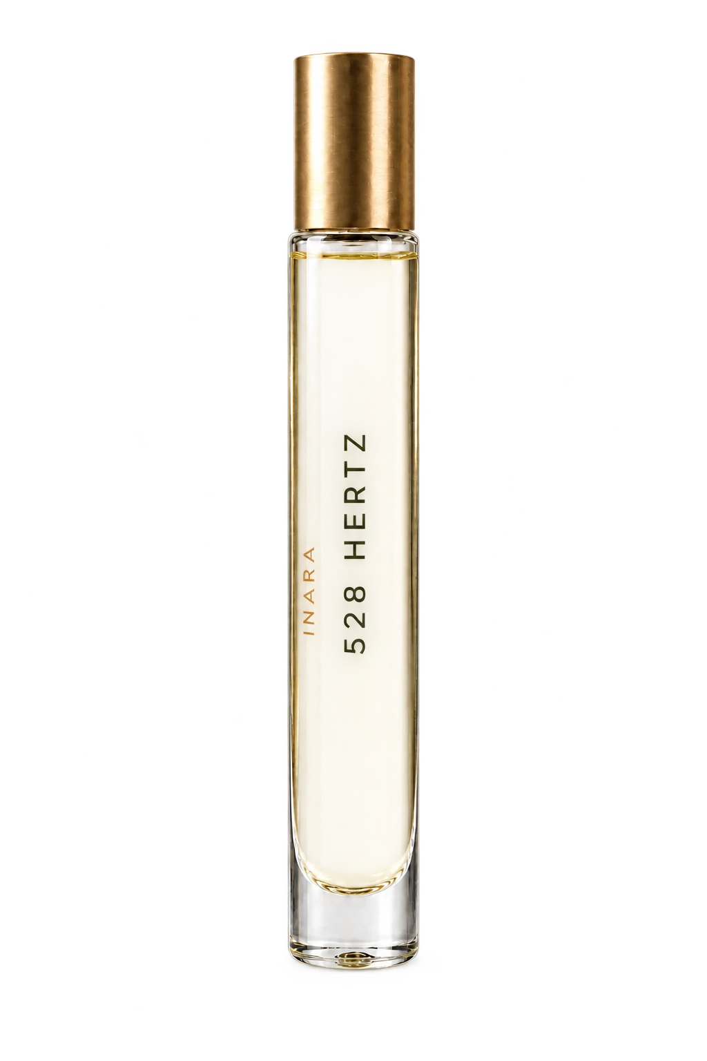 528 Hertz · clear glass with golden fragrance oil and a brushed gold cap