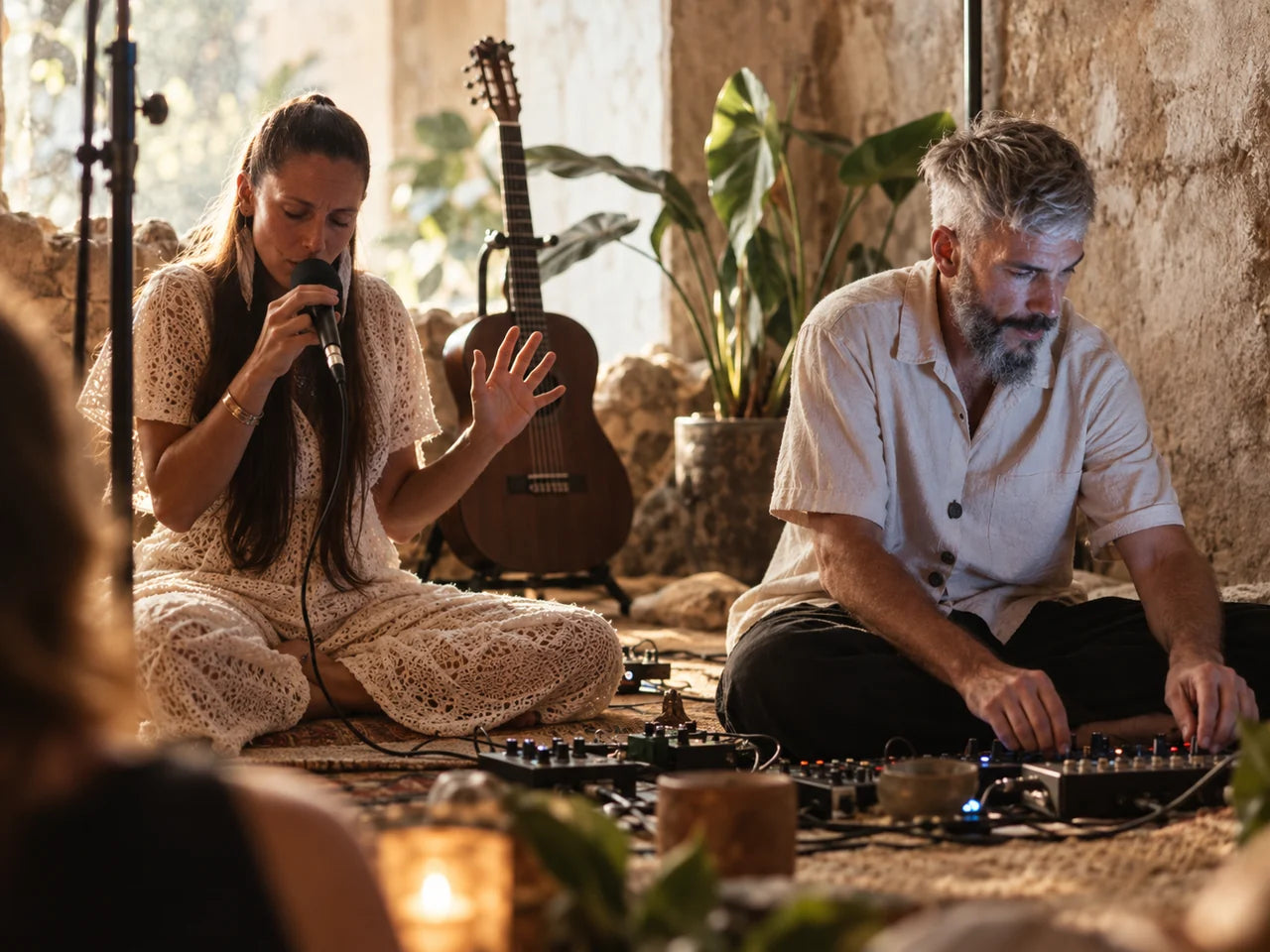 Musicians perform with voice and electronic instruments for guests at an INARA multisensory concert.