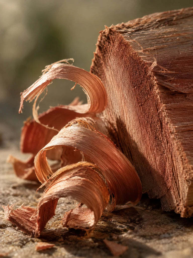 Cedarwood grain and fine wood shavings in low sunlight