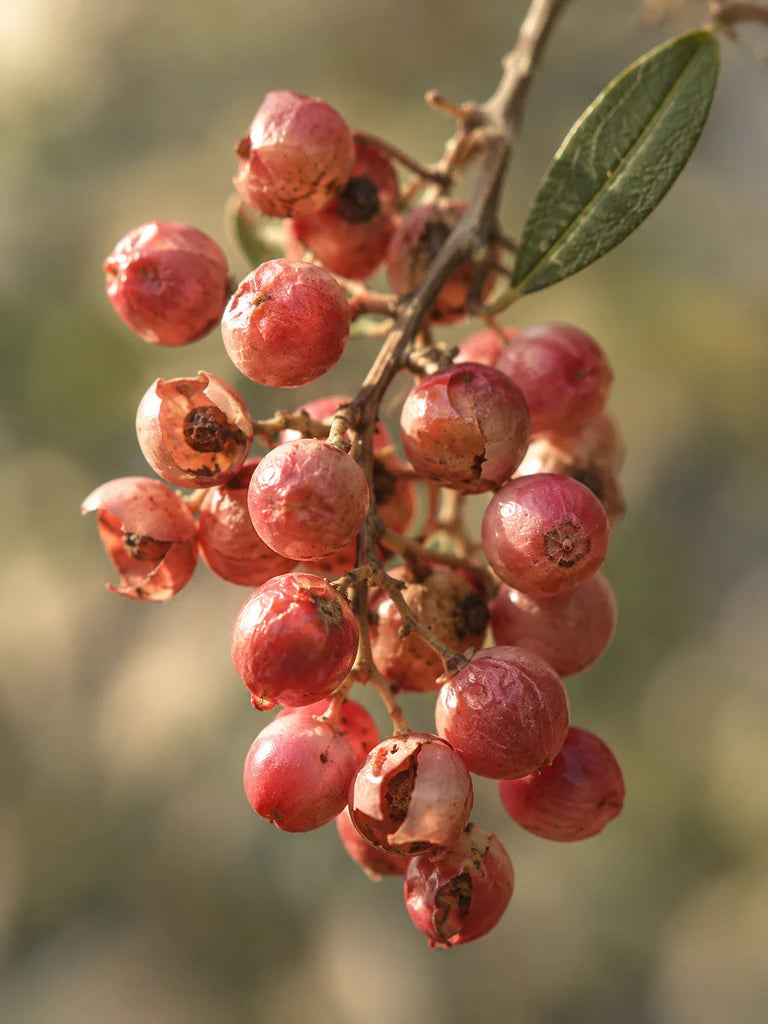 Pink pepper berries in warm sunlight with their delicate papery texture visible