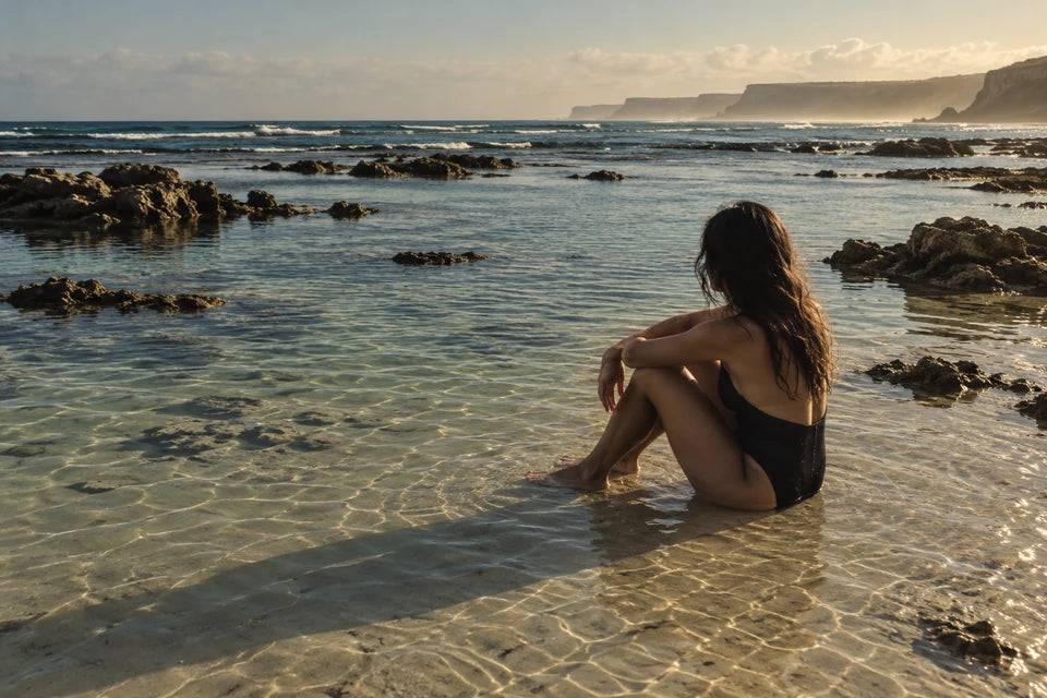 A person sits on a sunlit tidal flat, surrounded by clear water, rocks, and coastal cliffs.