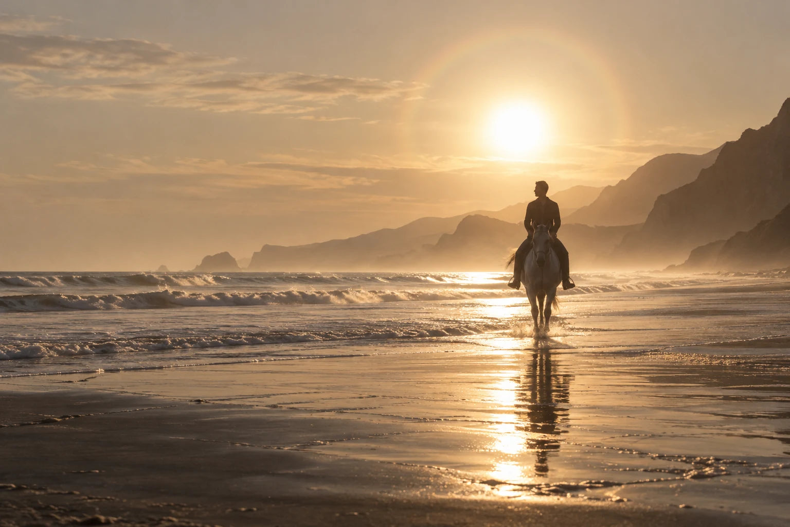 A rider on horseback moves through shallow surf below a bright low sun and hazy coastal ridges.